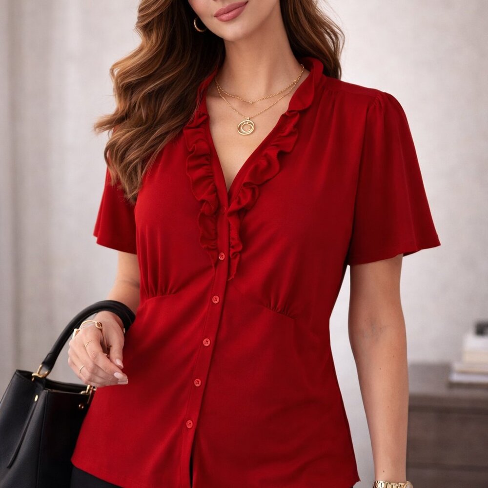 Perception Woman Red Top with Ruffles Empire Waist V-neck Work Professional